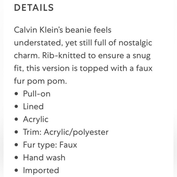 Calvin Klein faux fur pom-pom rib knit beanie hat - Picture 8 of 8